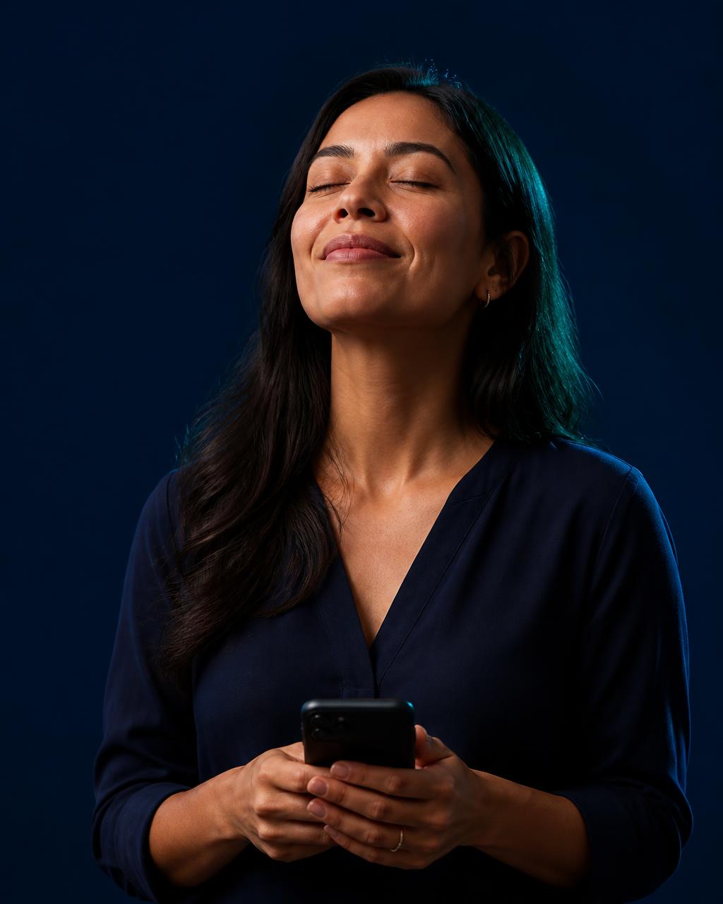 Mulher respirando aliviada com o celular nas mãos após organizar suas pendências
