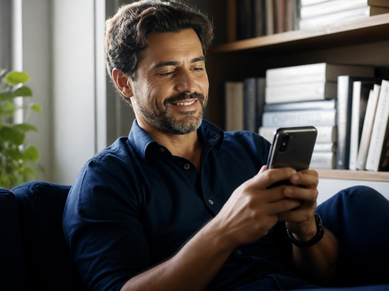 Cliente sorrindo tranquilo ao organizar suas pendências pelo celular